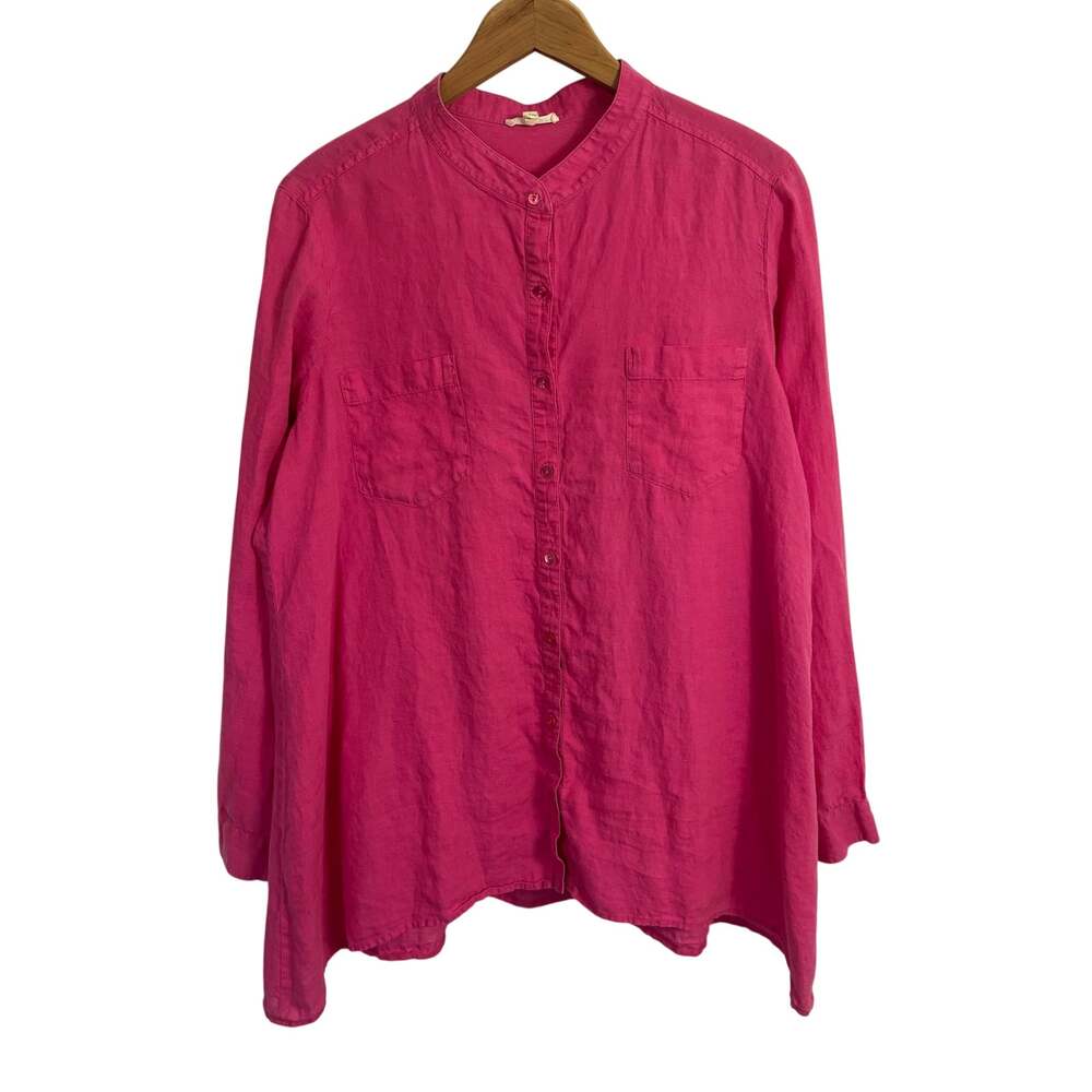 Eileen Fisher Womens L Pink Organic Irish Linen Tunic Button Up Shirt Lagenlook